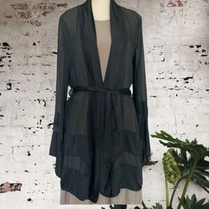 Angela Mara charcoal grey Black Silk belted Kimono with bell sleeves. Size S